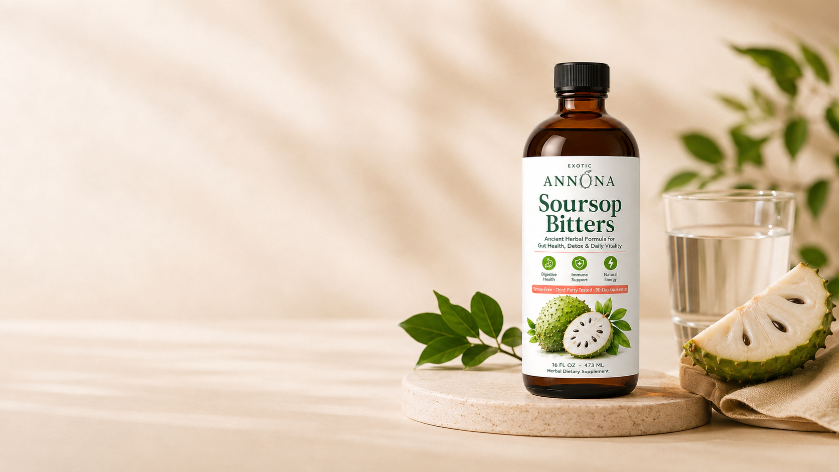 Amber dropper bottle of Annona soursop bitters with fresh soursop fruit and leaves