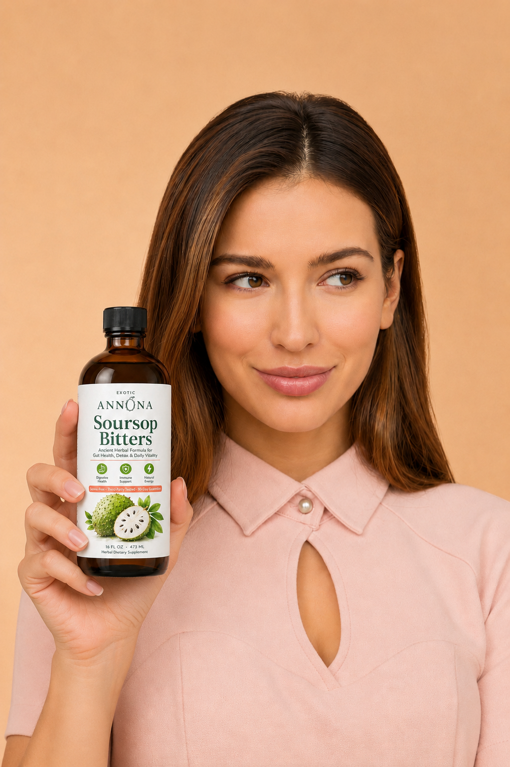 Woman holding a bottle of Annona Soursop Bitters tincture